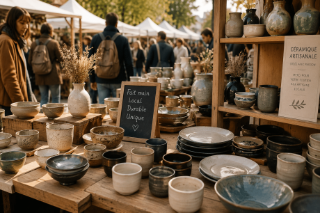Stand de céramique artisanale sur un marché de créateurs avec des pièces en grès faites à la main.