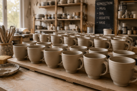 Série de mugs en céramique en cours de fabrication dans un atelier de poterie artisanal.