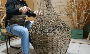 Création avec une stagiaire pendant le formation vannerie dans le Gers avec un vannier dans son atelier