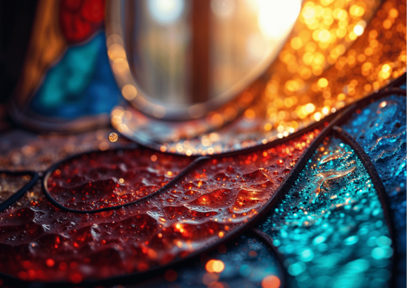 Gros plan sur des pièces de verre coloré assemblées dans un vitrail