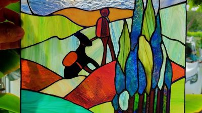 Paysage stage de vitrail Tiffany et plomb