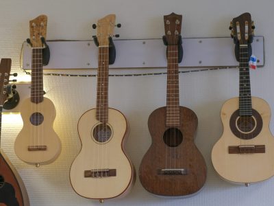 Guitares alignés mur Formation Luthier située entre Besançon et Dijon